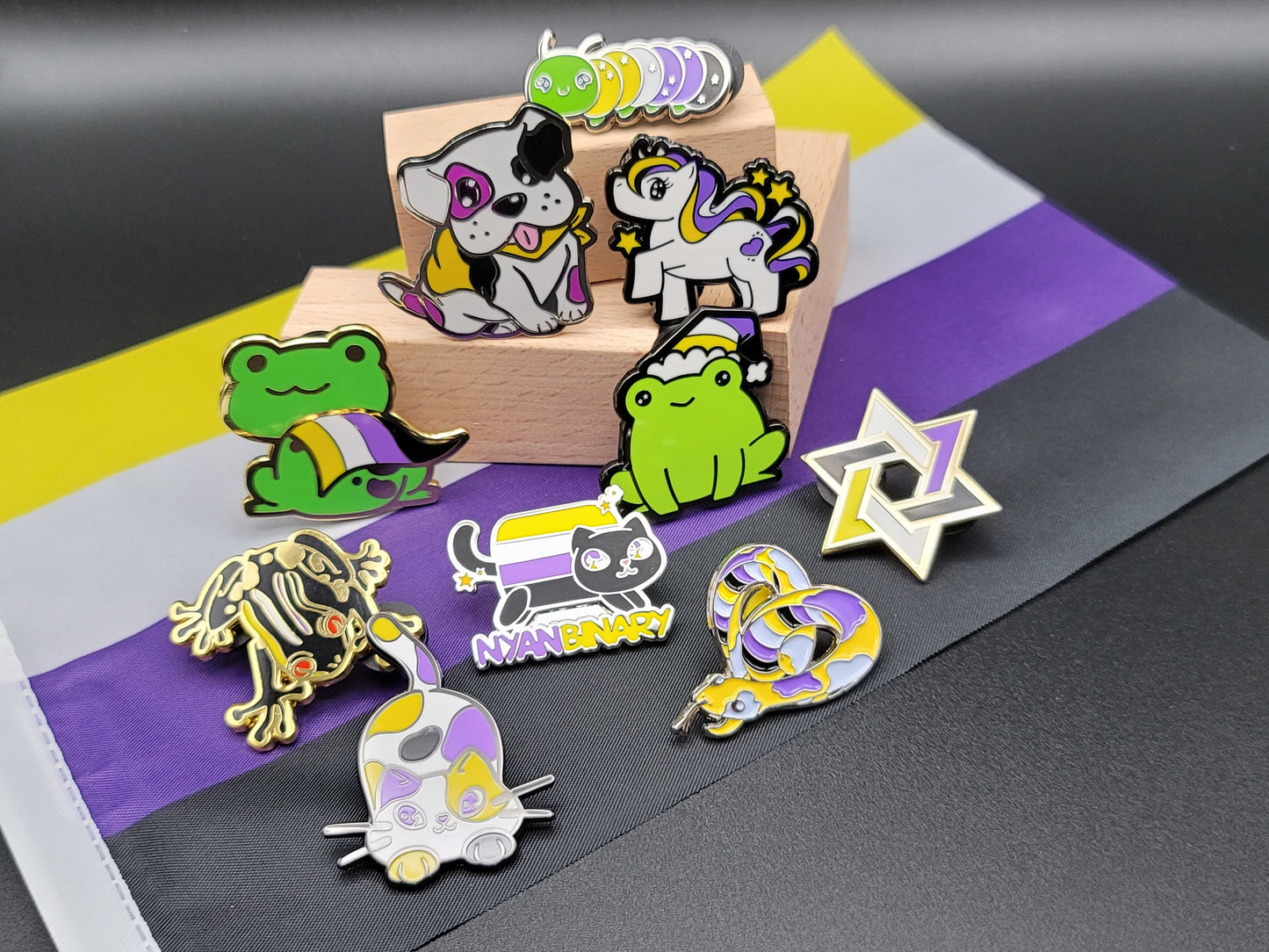 Nonbinary Frog Pin | Chibi LGBTQ Pride Frog in Nonbinary Pride Flag Hat | Subtle Pride Enamel Pin