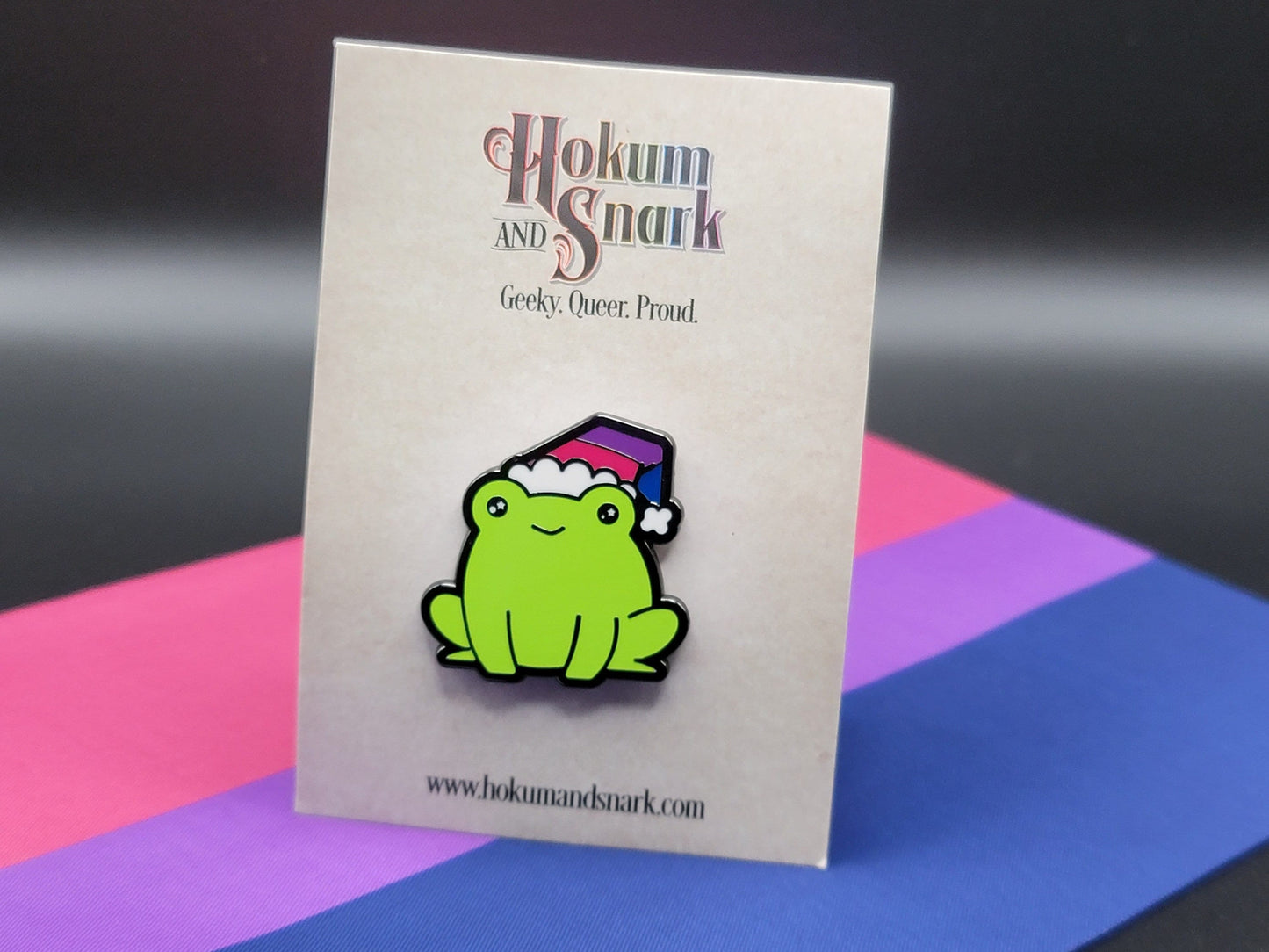 Bi Frog Pin | Chibi Bisexual Frog Wearing Beanie with LGBT Bi Pride Flag Colors | Subtle Pride Enamel Pin