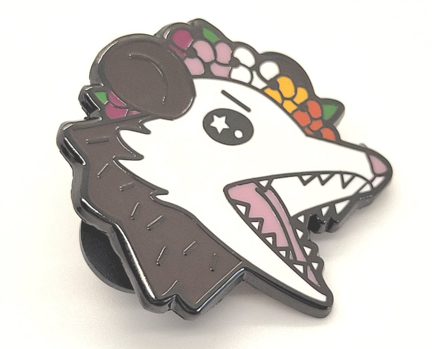 Lesbian Pride Possum in Flower Crown Screams in Gay | WLW Trash Opossum Enamel Pin Listens to Girl In Red | LGBTQ Pin