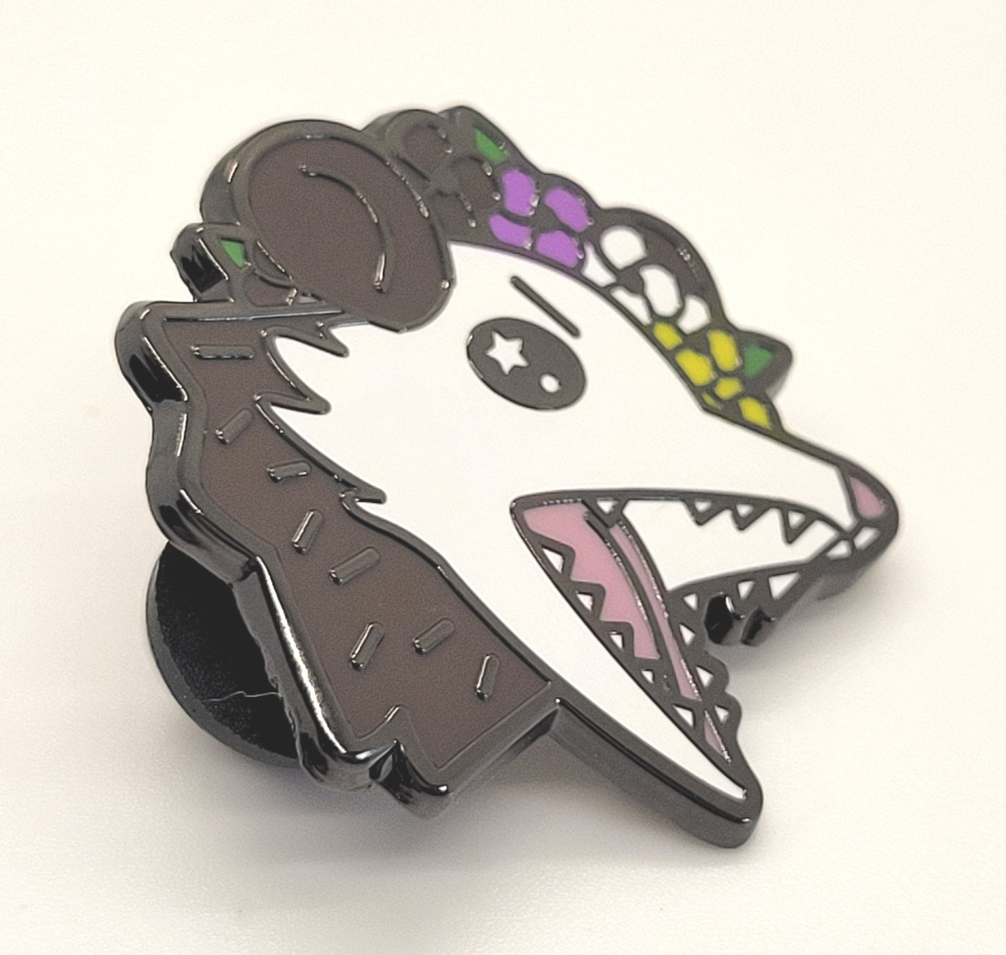 Non-binary Pride Possum in Flower Crown Screams in Gay | Enby Trash Opossum Enamel Pin Says Gender is Garbage | LGBTQ Pin