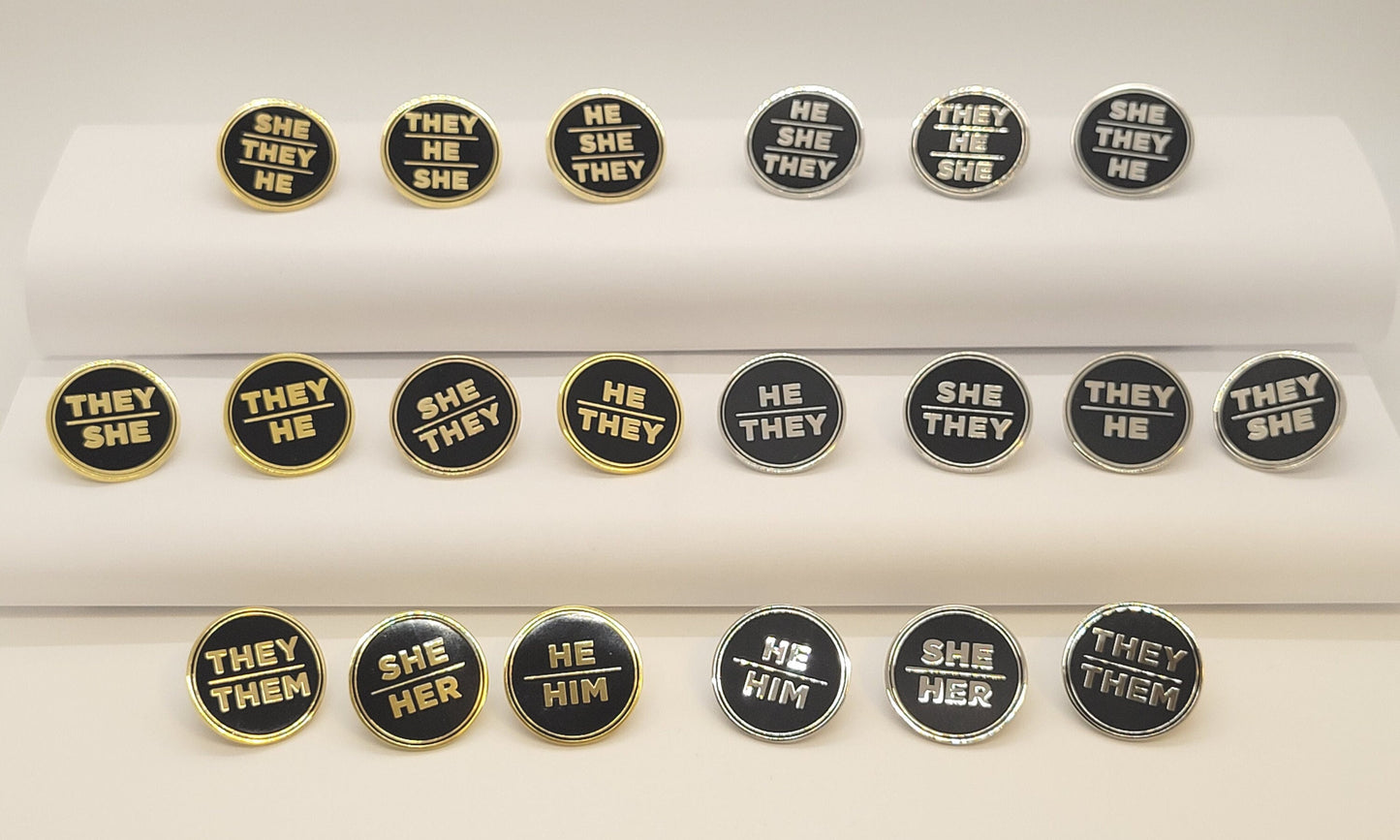 Bulk Discount Pronoun Pins Mix and Match Gold or Silver | Round All Caps Pronoun Badge for Work, Weddings, Conferences, Schools, Healthcare