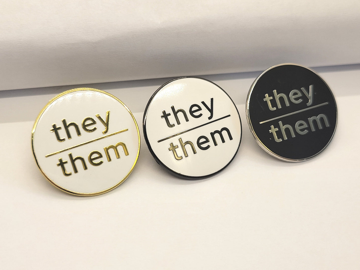 Bulk Discount Pronoun Pins Mix and Match Black Metal, Gold, or Silver | Modern Minimalist Round Lowercase Pronoun Badge