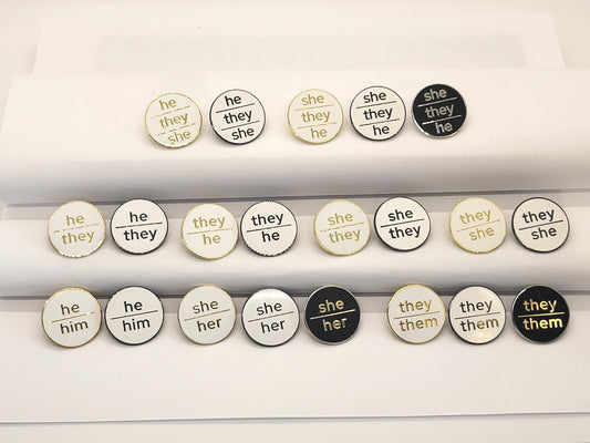 Bulk Discount Pronoun Pins Mix and Match Black Metal, Gold, or Silver | Modern Minimalist Round Lowercase Pronoun Badge