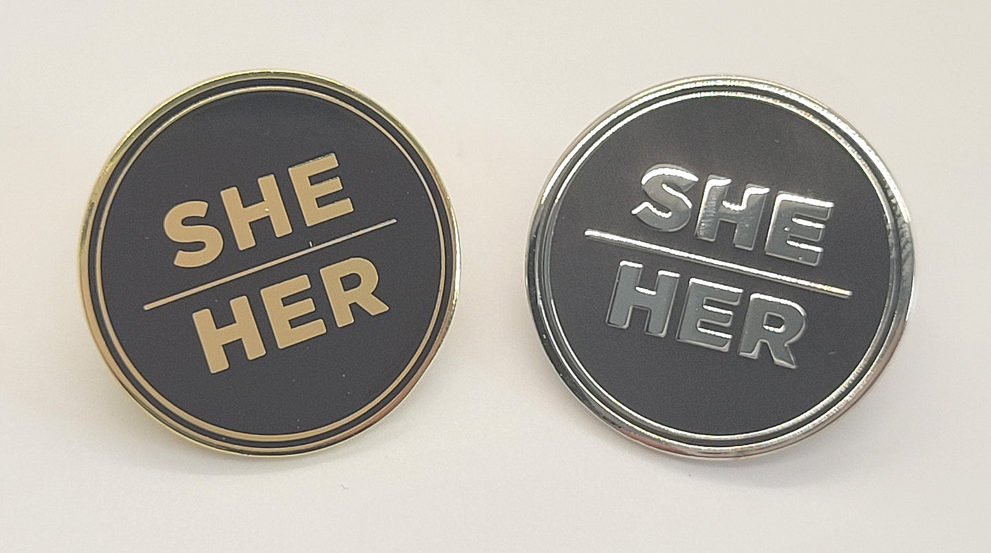 Bulk Discount Pronoun Pins Mix and Match Gold or Silver | Round All Caps Pronoun Badge for Work, Weddings, Conferences, Schools, Healthcare