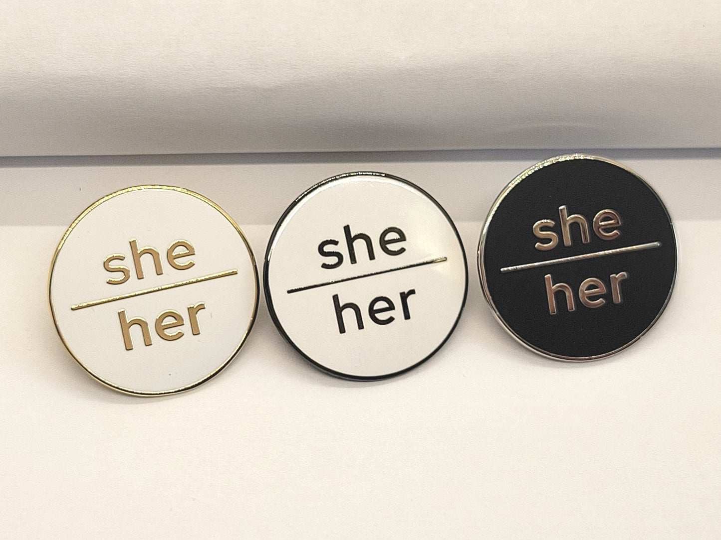 Bulk Discount Pronoun Pins Mix and Match Black Metal, Gold, or Silver | Modern Minimalist Round Lowercase Pronoun Badge