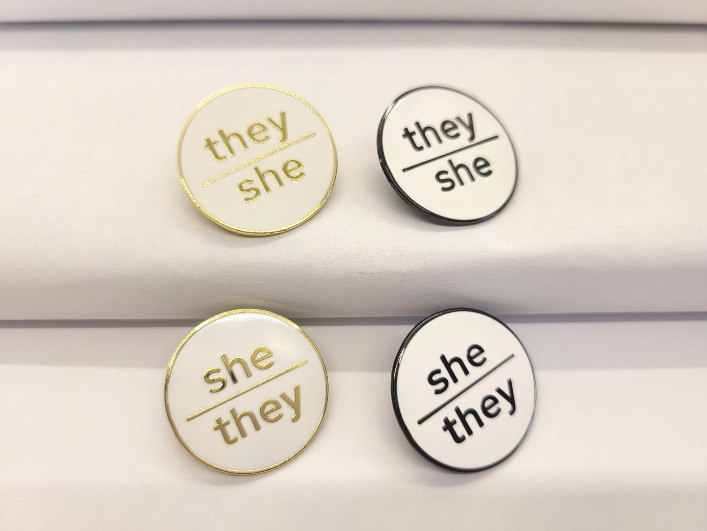 Bulk Discount Pronoun Pins Mix and Match Black Metal, Gold, or Silver | Modern Minimalist Round Lowercase Pronoun Badge